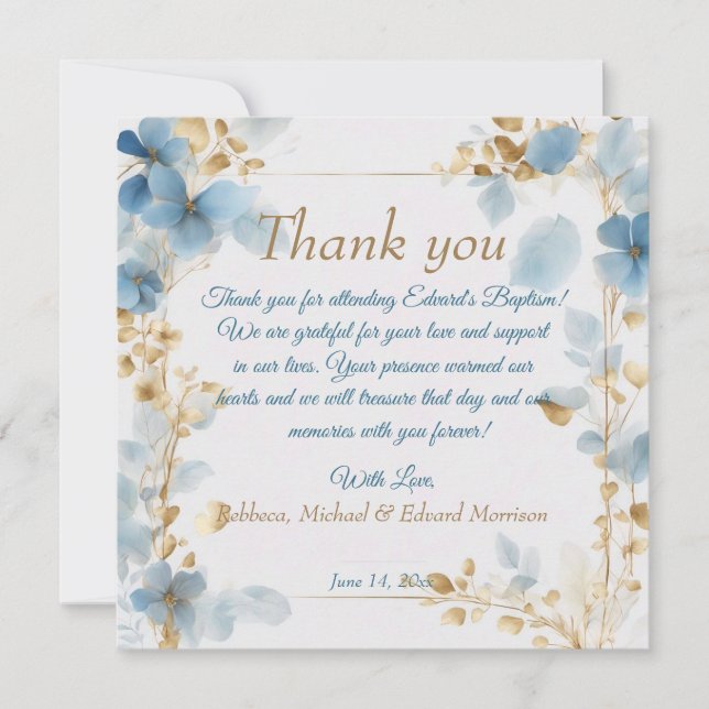Elegant Floral Dusty Blue Baptism Thank You Card (Front)