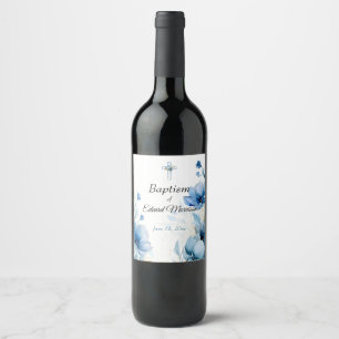 Elegant Floral Dusty Blue Baptism Wine Label