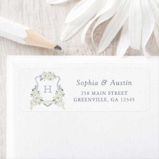 Elegant Floral Dusty Blue Crest Return Address (Insitu)