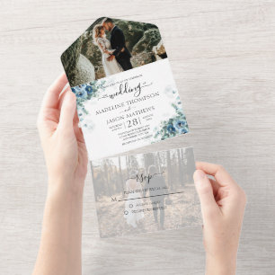 Elegant Floral Dusty Blue Photo Rsvp Wedding All I In One Invitation