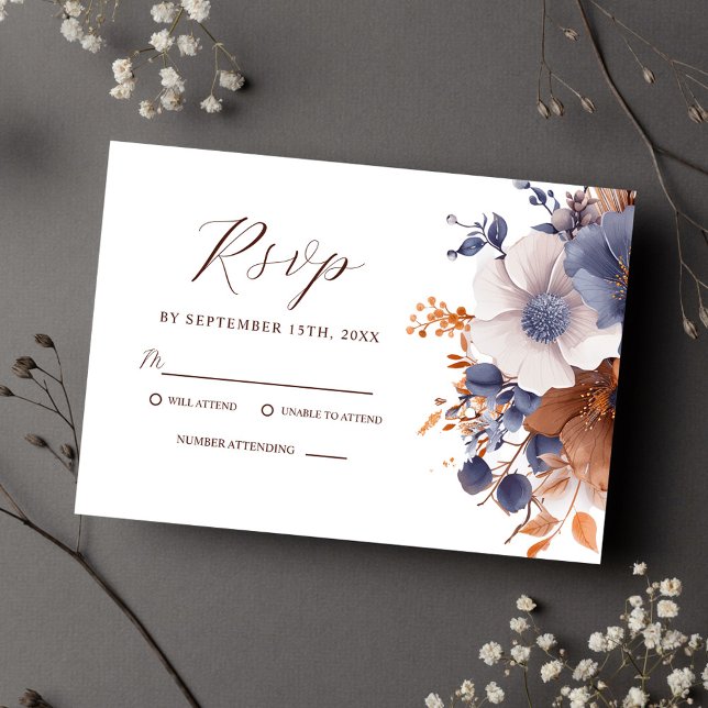 Elegant Floral Dusty Blue Rust Wedding RSVP Card (Elegant Floral Dusty Blue Rust Wedding RSVP Card)