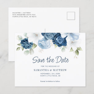 Elegant Floral Dusty Blue Save the Date Announcement Postcard