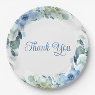 Elegant Floral Dusty Blue Watercolor Rose Wedding Paper Plate