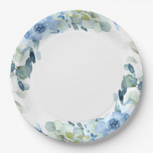 Elegant Floral Dusty Blue Watercolor Rose Wedding Paper Plate