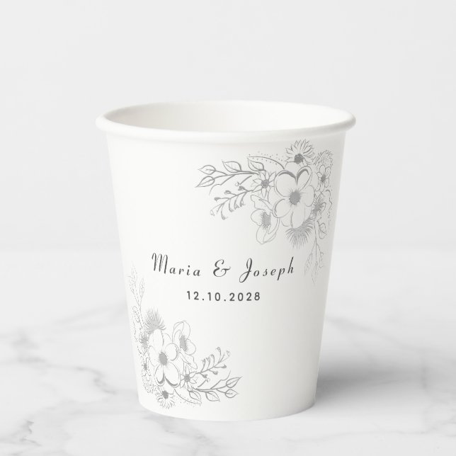 Elegant Floral Dusty Blue Wedding Paper Cups (Front)