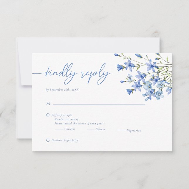 Elegant Floral Dusty Blue Wedding  RSVP Card (Front)