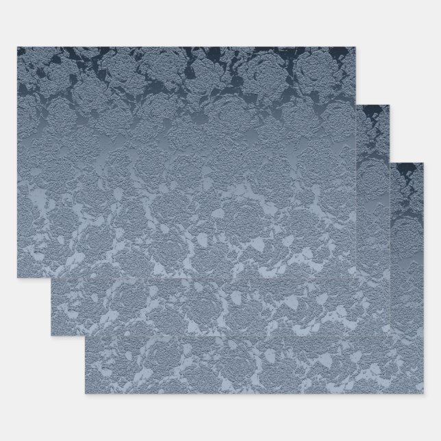 Elegant Floral Dusty Blue White Pattern Wrapping Paper Sheet (Set)
