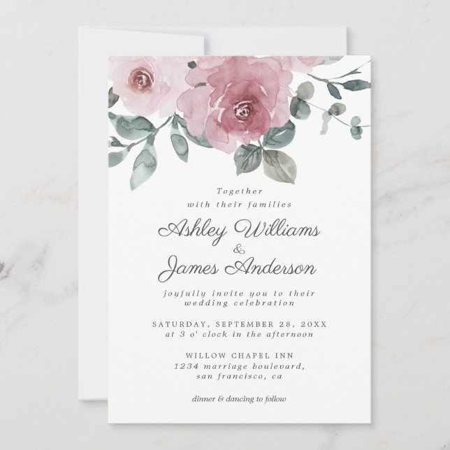 Elegant Floral Dusty Pink Rose Wedding Invitation (Front)