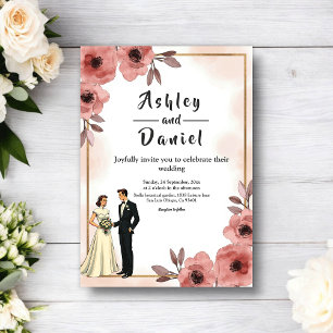 Elegant Floral Dusty Rose Bride And Groom Wedding Invitation