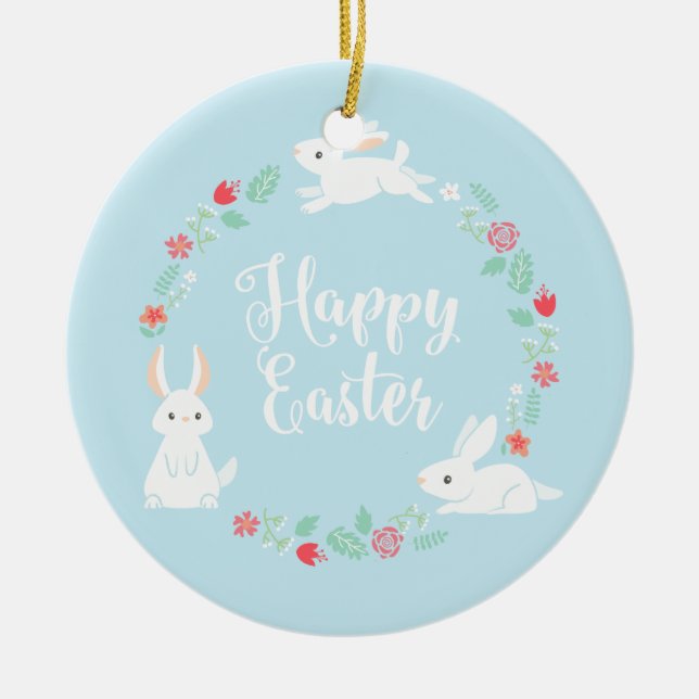 Elegant Floral Easter Bunny | Ceramic Ornament (Front)