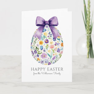 Elegant Floral Easter Egg with Bow Personalized Card