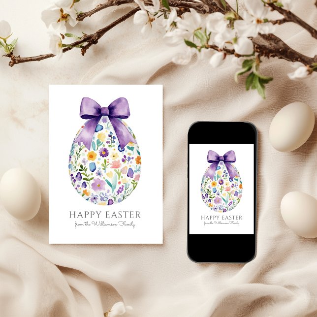 Elegant Floral Easter Egg with Bow Personalized Card (Personalize Family Name and message inside card.  Digital download also available)