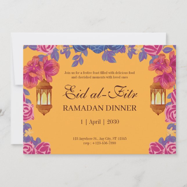Elegant Floral Eid al-Fitr Invitation with Lantern (Front)