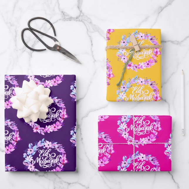 Elegant Floral Eid Mubarak Gift  Wrapping Paper Sheet (Front)