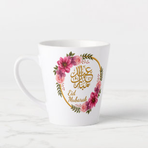 Elegant Floral Eid Mubarak Gold Arabic Calligraphy Latte Mug