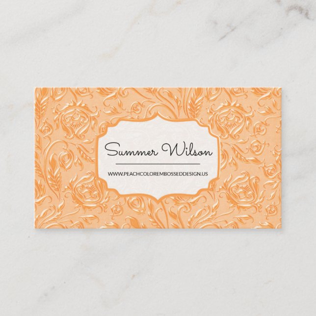 Elegant Floral Embossed Peach Colour Business Card (Front)