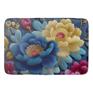 Elegant Floral Embroidered Look Vintage Peony Bath Mat