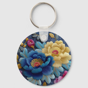 Elegant Floral Embroidered Look Vintage Peony Keychain