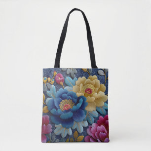 Elegant Floral Embroidered Look Vintage Peony Tote Bag