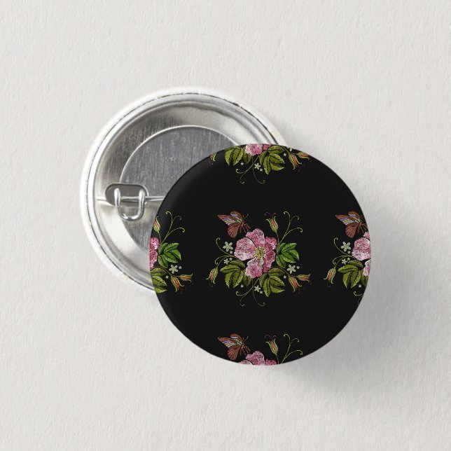 Elegant Floral Embroidery Pattern Black Background 1 Inch Round Button (Front & Back)