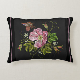Elegant Floral Embroidery Pattern Black Background Accent Pillow
