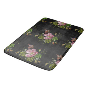 Elegant Floral Embroidery Pattern Black Background Bath Mat