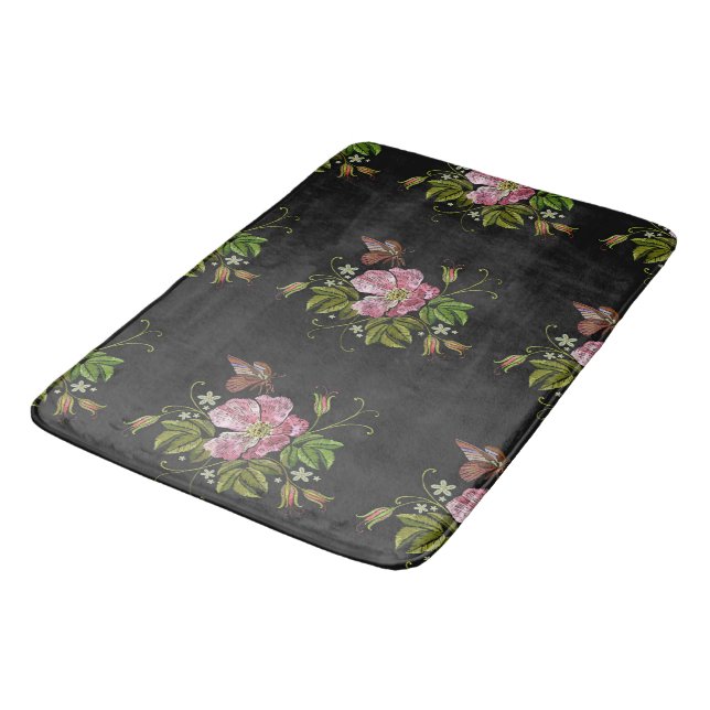 Elegant Floral Embroidery Pattern Black Background Bath Mat (Angled)