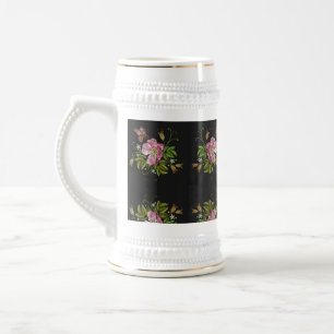 Elegant Floral Embroidery Pattern Black Background Beer Stein