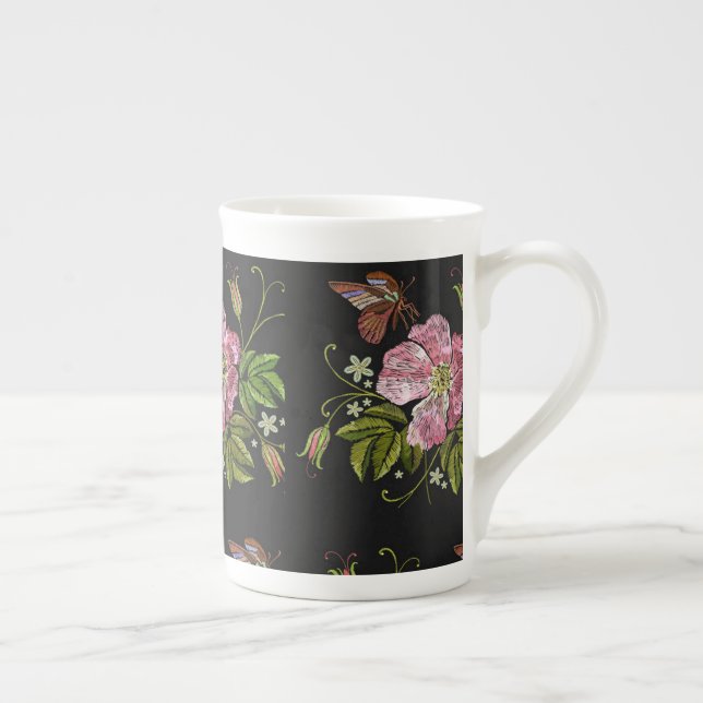 Elegant Floral Embroidery Pattern Black Background Bone China Mug (Right)