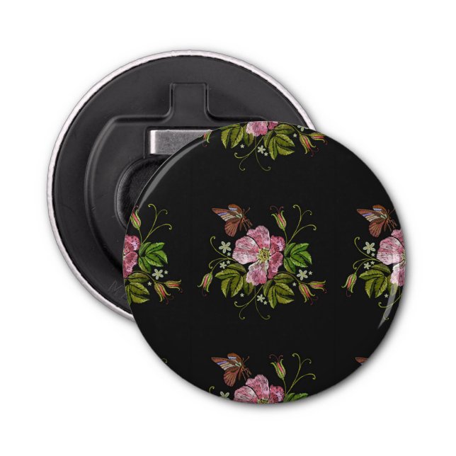 Elegant Floral Embroidery Pattern Black Background Bottle Opener (Front)
