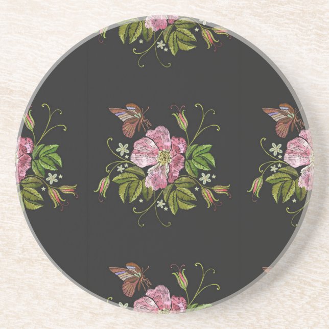 Elegant Floral Embroidery Pattern Black Background Coaster (Front)