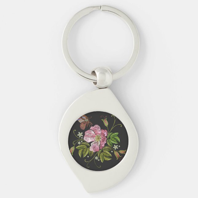 Elegant Floral Embroidery Pattern Black Background Keychain (Front)