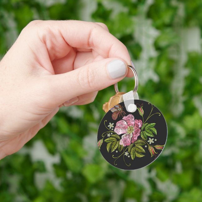 Elegant Floral Embroidery Pattern Black Background Keychain (Hand)