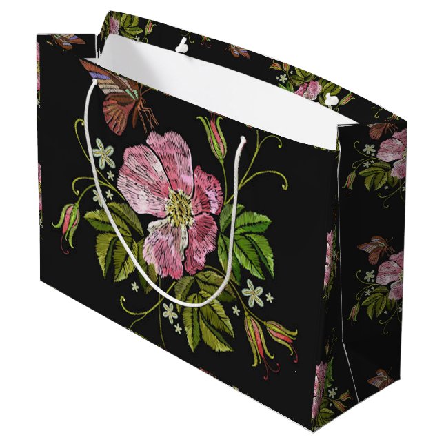 Elegant Floral Embroidery Pattern Black Background Large Gift Bag (Back Angled)