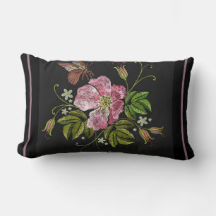 Elegant Floral Embroidery Pattern Black Background Lumbar Pillow