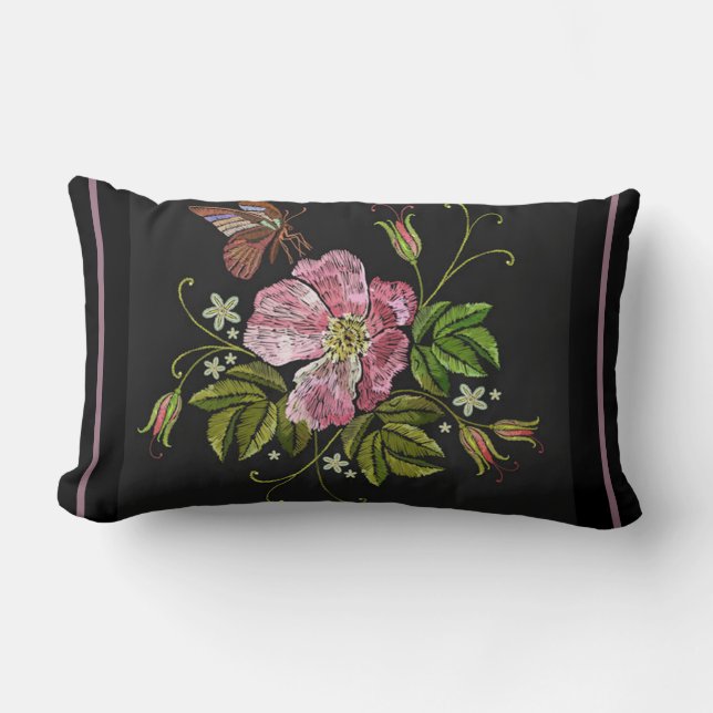 Elegant Floral Embroidery Pattern Black Background Lumbar Pillow (Front)