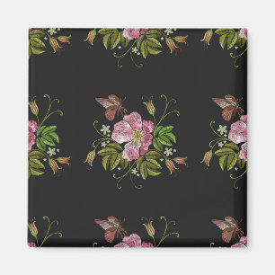 Elegant Floral Embroidery Pattern Black Background Magnet
