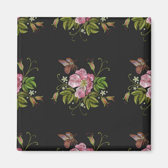 Elegant Floral Embroidery Pattern Black Background Magnet (Front)