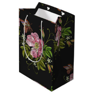 Elegant Floral Embroidery Pattern Black Background Medium Gift Bag
