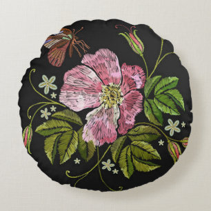 Elegant Floral Embroidery Pattern Black Background Round Pillow