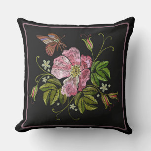 Elegant Floral Embroidery Pattern Black Background Throw Pillow