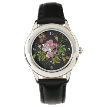 Elegant Floral Embroidery Pattern on Black Backgro