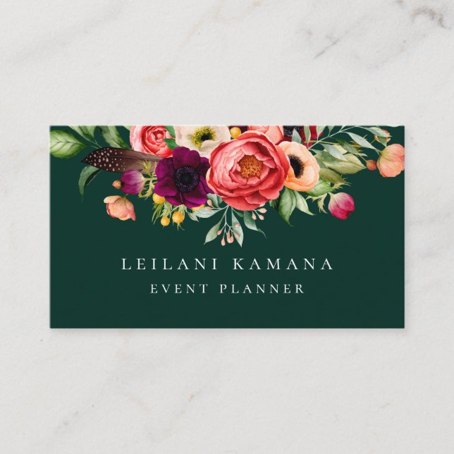 Elegant Floral Emerald Business Card (Front)