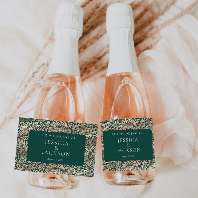 Elegant Floral Emerald Green and Rose Gold Sparkling Wine Label (Creator Uploaded)
