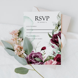 Elegant Floral Emerald Green & Burgundy Wedding RSVP Card