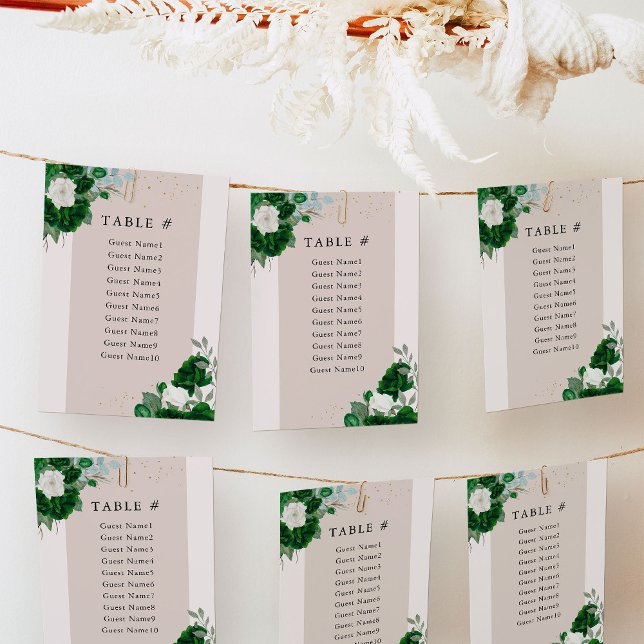Elegant Floral Emerald Green Table Seating Chart (Seating Chart Cards from the Royal Rose Emerald Green Quinceanera Collection by Darling & May)
