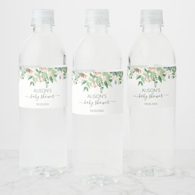 Elegant Floral Eucalyptus Greenery Baby Shower Water Bottle Label (Bottles)