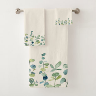 Elegant Floral Eucalyptus Off White Bath Towel Set