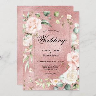Elegant Floral Eucalyptus Pink Metallic Wedding Invitation