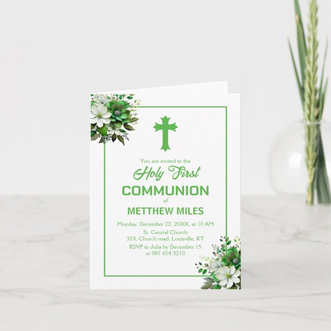 Elegant floral first catholic communion invitation (Front)